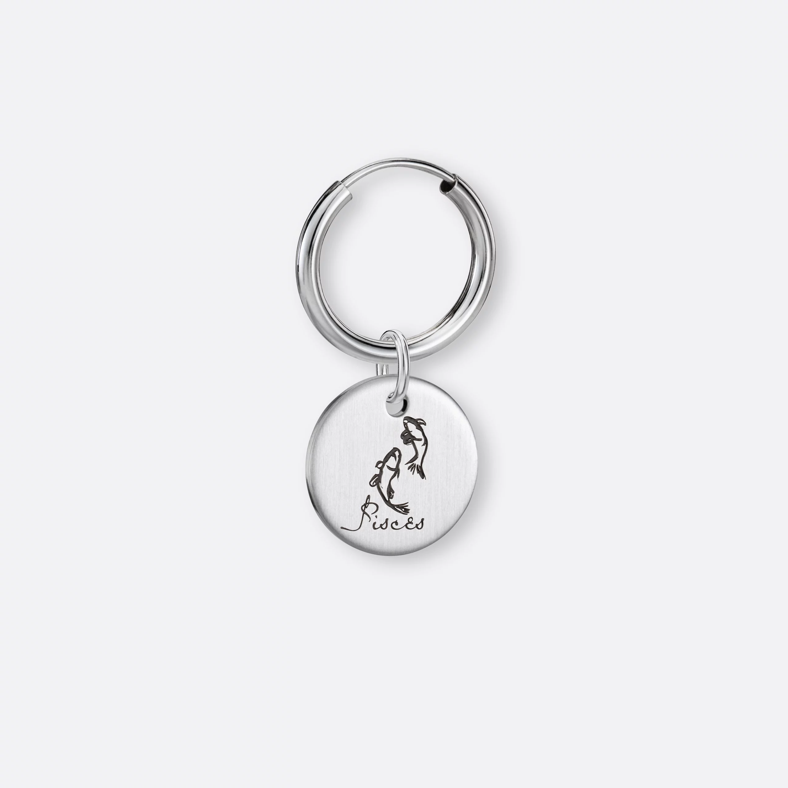 Fische Ohrring, Anhänger graviert, 925er Silber 4 Fische Ohrring-Creole klein mit Sternzeichen Anhänger-Coin graviert, Silber, Vorne