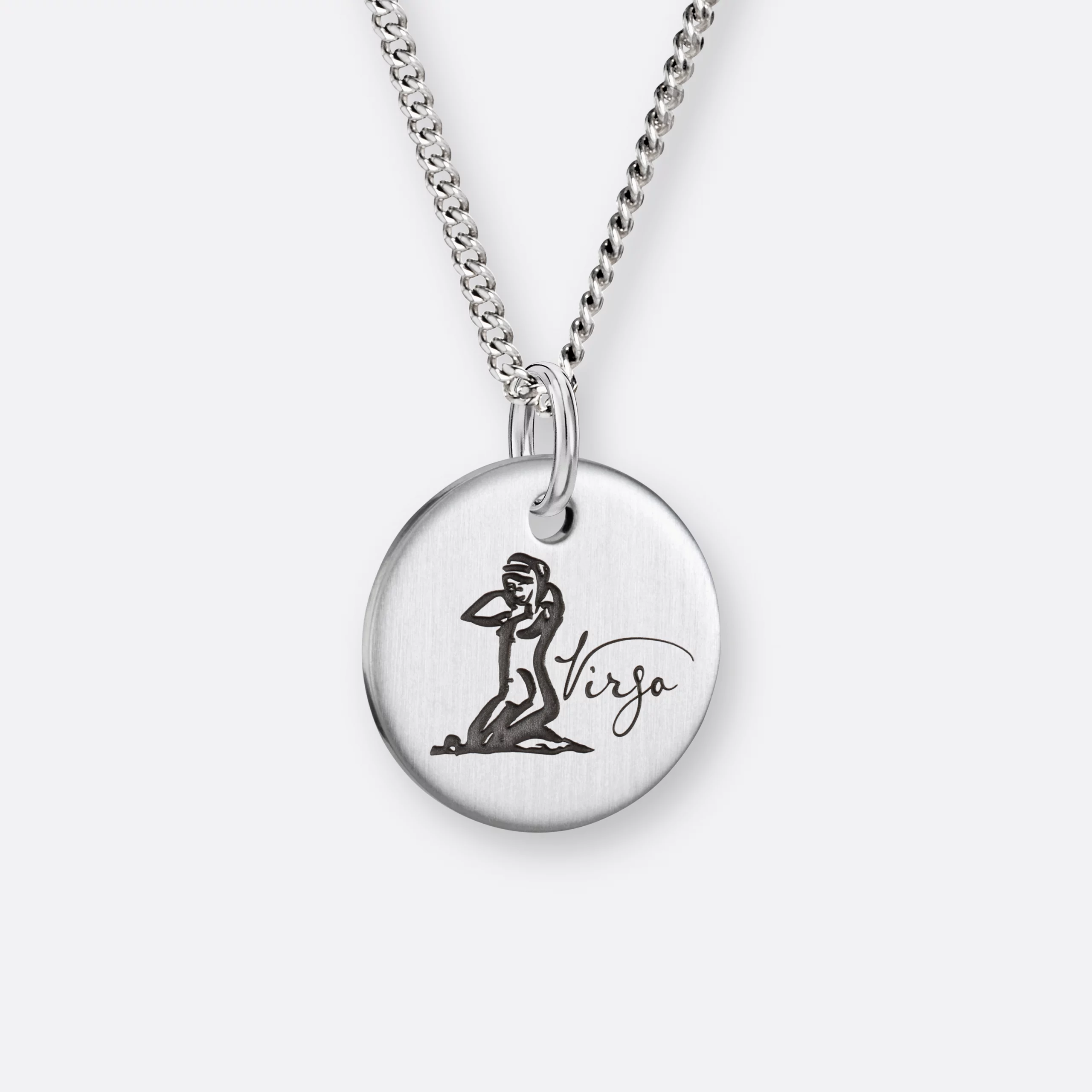 Jungfrau Sternzeichen-Kette mit Anhänger-Coin graviert, Silber, Vorne