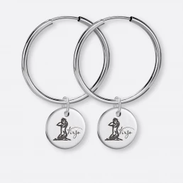 Jungfrau Ohrring, Anhänger graviert, 925er Silber 6 Jungfrau Ohrring-Creole groß mit Anhänger-Coin graviert, Silber, Paar