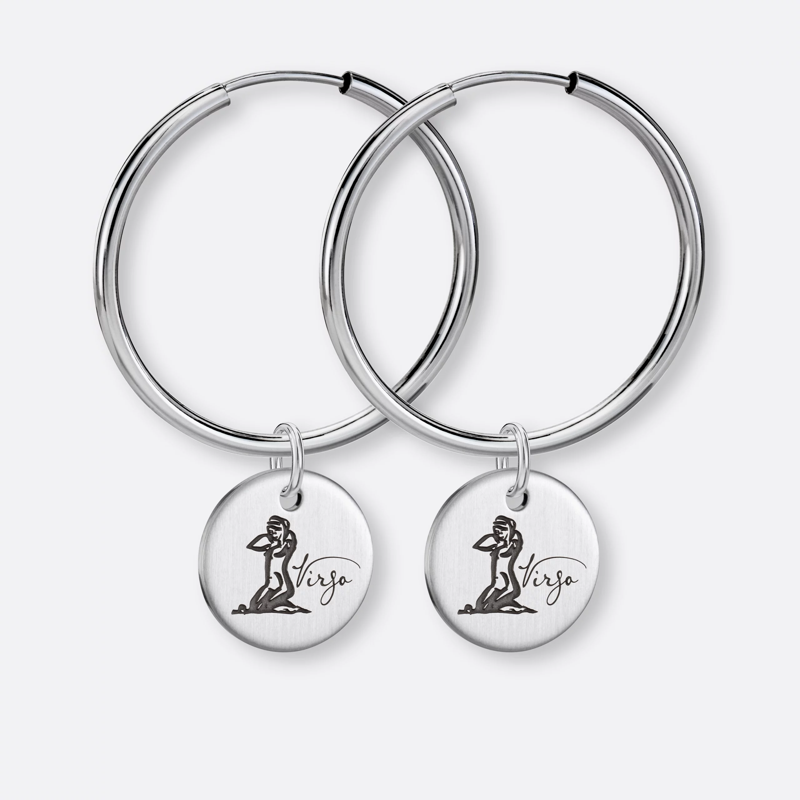 Jungfrau Ohrring, Anhänger graviert, 925er Silber 11 Jungfrau Ohrring-Creole groß mit Anhänger-Coin graviert, Silber, Paar