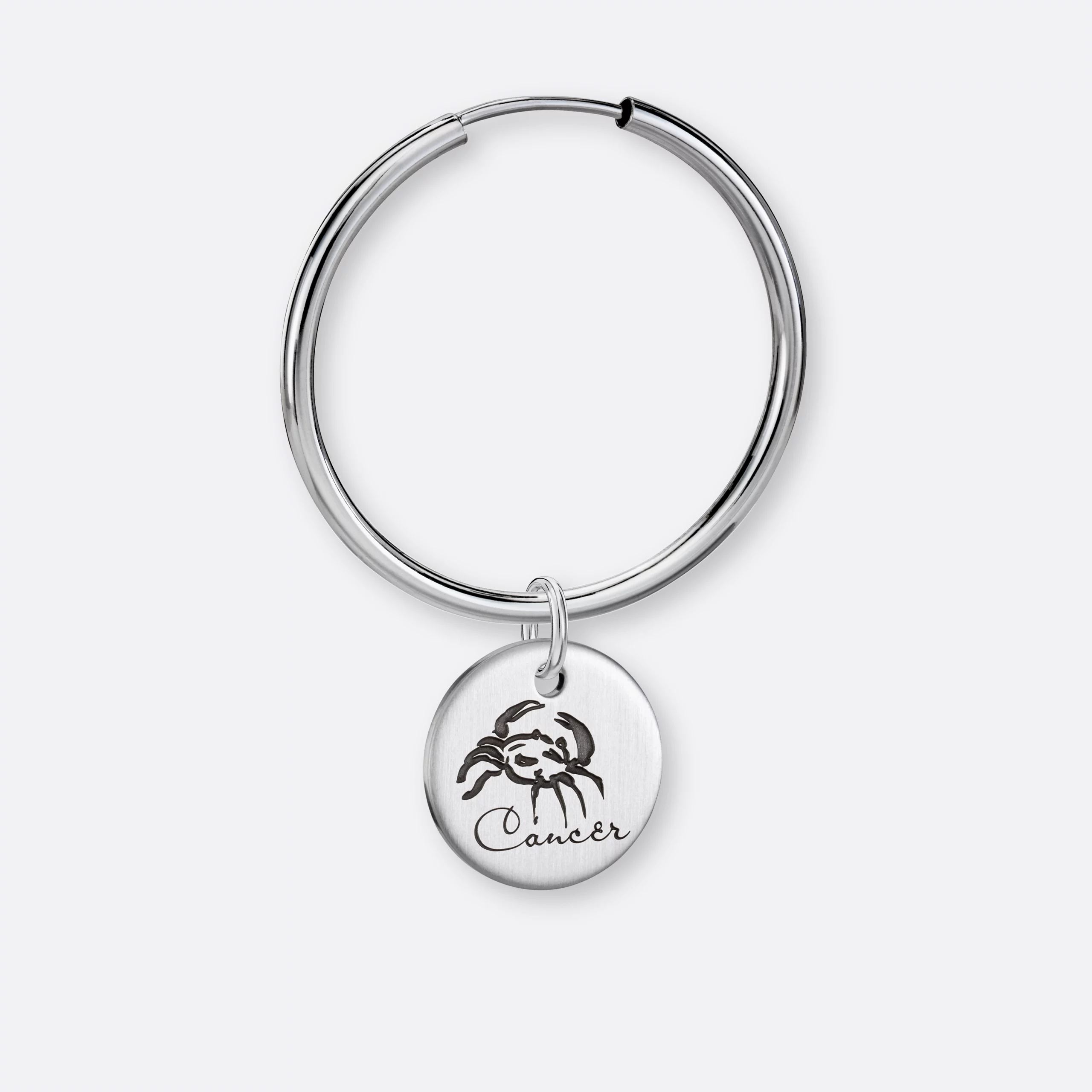 Krebs Ohrring, Anhänger graviert, 925er Silber 2 Krebs Ohrring-Creole groß mit Anhänger-Coin graviert, Silber, Vorne