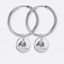 Krebs Ohrring, Anhänger graviert, 925er Silber 5 Krebs Ohrring-Creole groß mit Anhänger-Coin graviert, Silber, Paar, Vorne