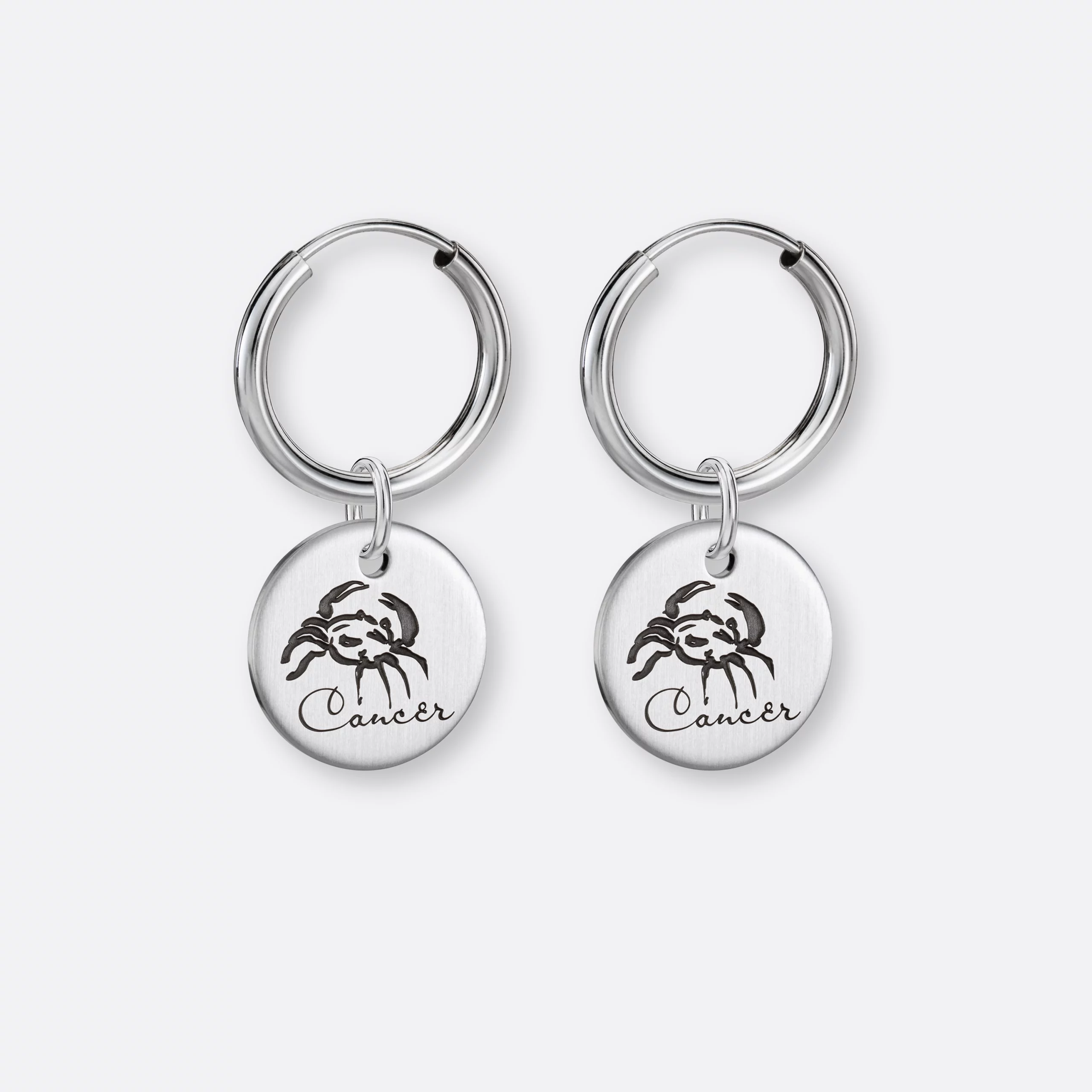 Krebs Ohrring, Anhänger graviert, 925er Silber 3 Krebs Ohrringe klein mit Anhänger-Coins graviert, Silber, Paar, Vorne