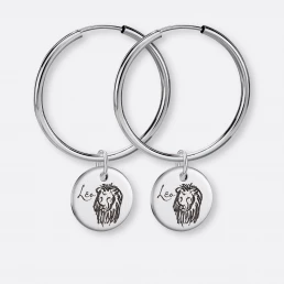 Löwe Ohrring, Anhänger graviert, 925er Silber 4 Löwe Ohrring groß mit Anhänger-Coin graviert, Silber, Paar, Vorne