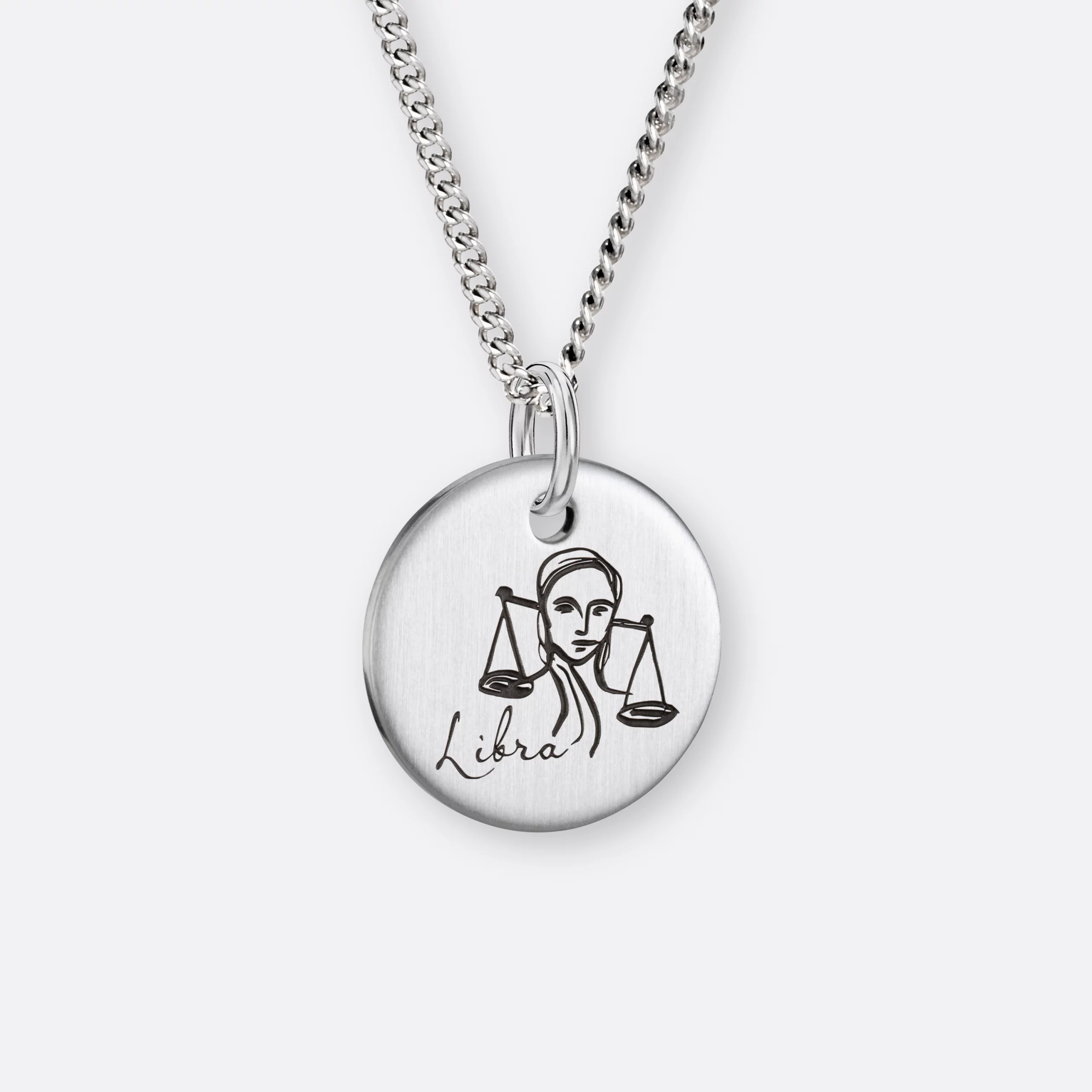 Waage Kette, Anhänger graviert, 925er Silber 16 Waage Halskette mit Sternzeichen-Anhänger-Coin graviert, Silber, Vorne