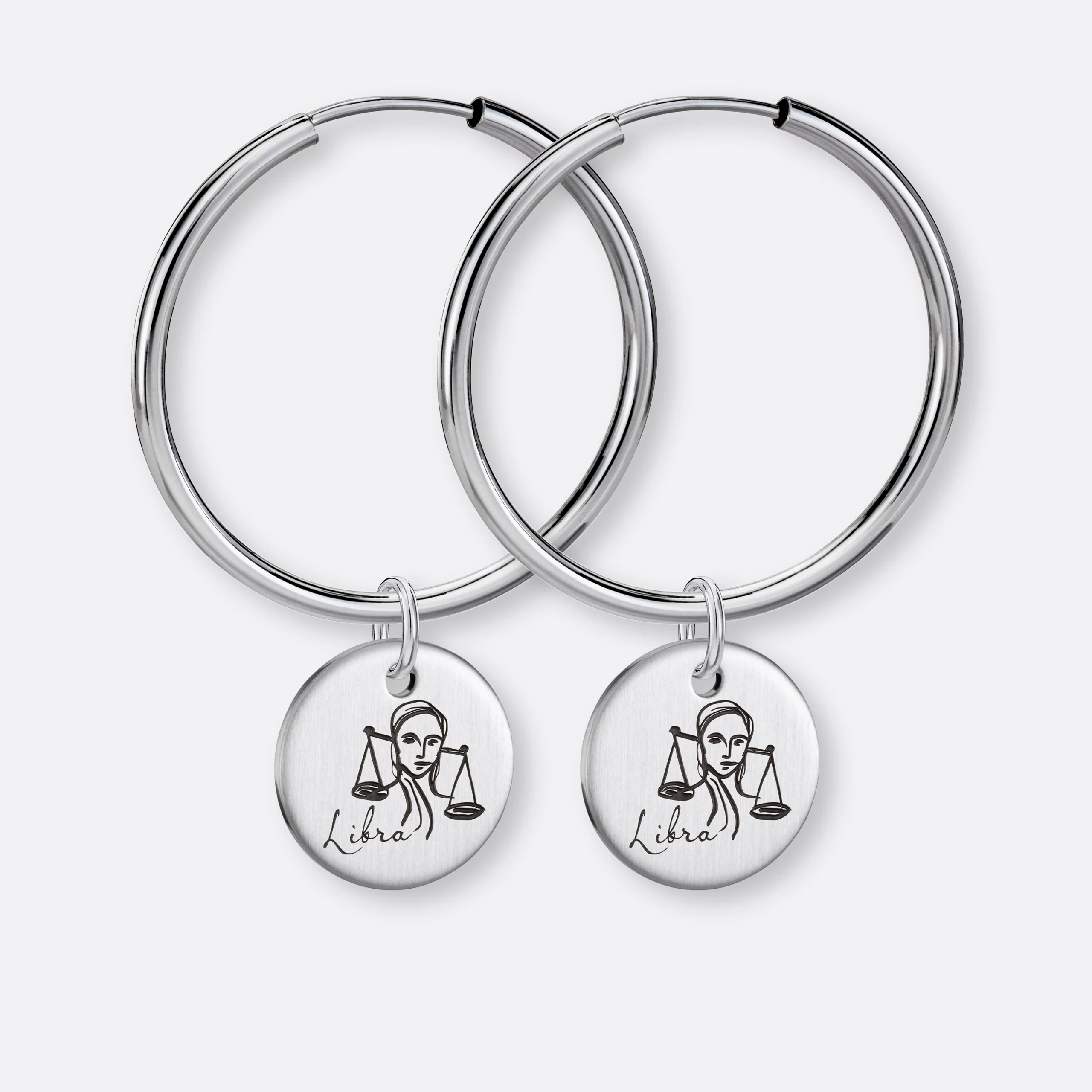 Waage Ohrring, Anhänger graviert, 925er Silber 20 Waage Ohrringe groß mit Sternzeichen Anhänger-Coins graviert, Silber, Vorne