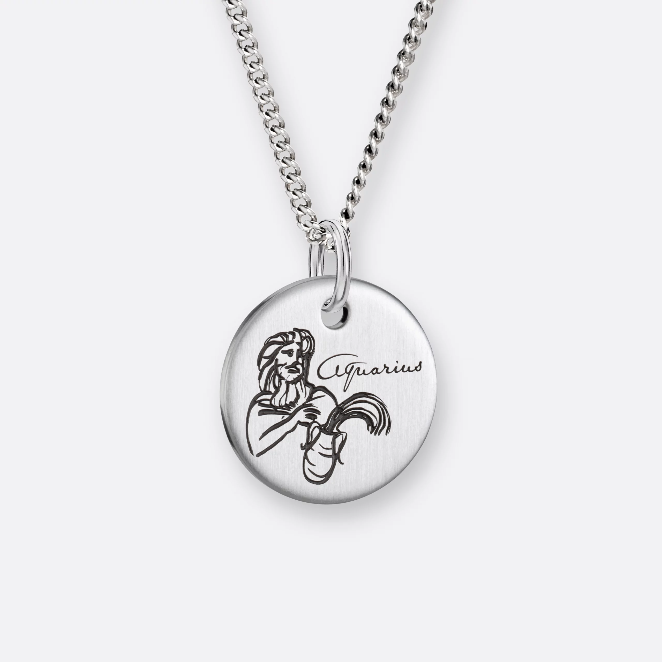 Wassermann Kette, Anhänger graviert, 925er Silber 15 Wassermann Sternzeichen-Kette mit Anhänger-Coin graviert, Silber, Vorne