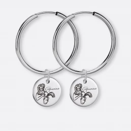 Wassermann Ohrring, Anhänger graviert, 925er Silber 18 Wassermann Ohrring-Creole groß mit Sternzeichen-Anhänger-Coin graviert, Silber, Paar