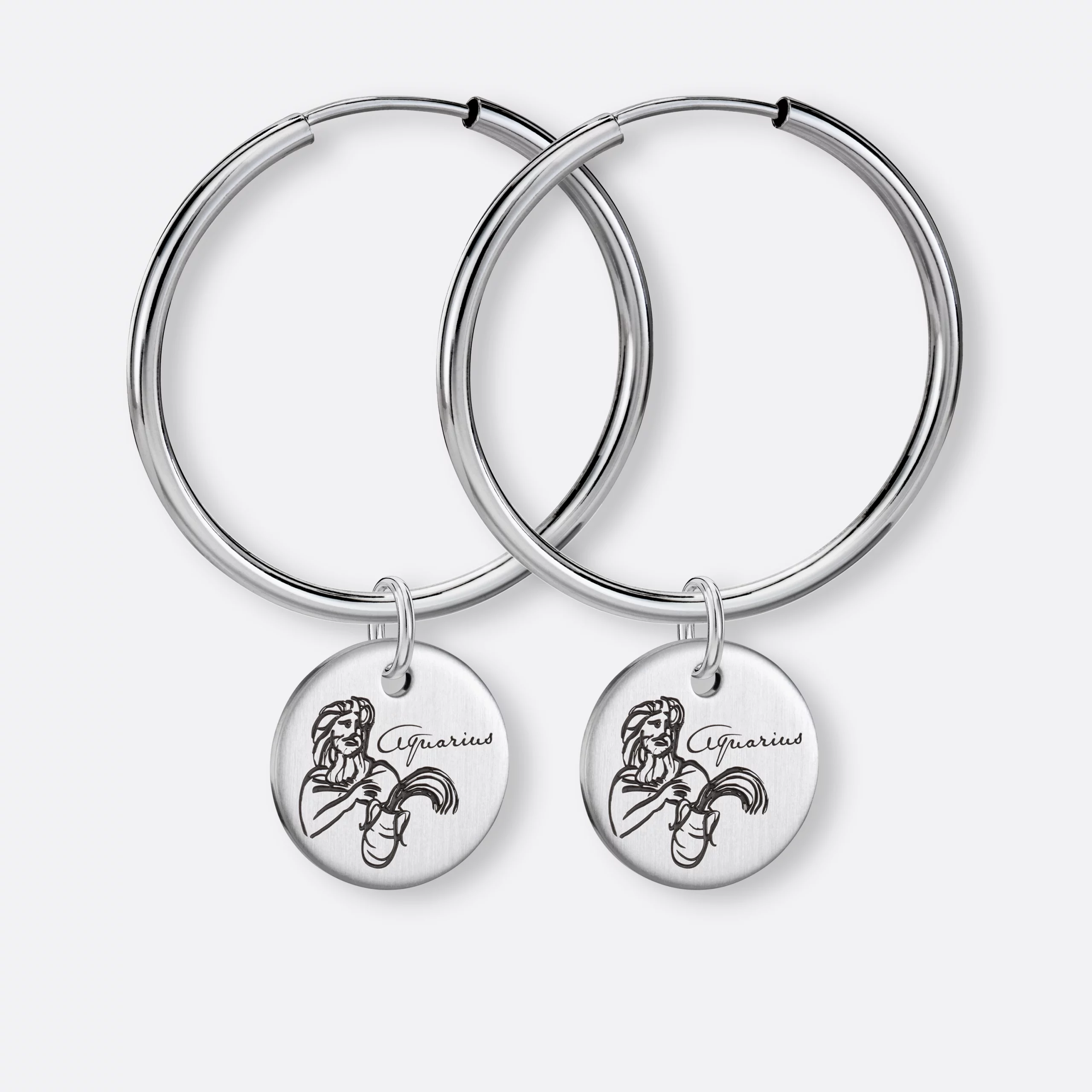 Wassermann Ohrring, Anhänger graviert, 925er Silber 4 Wassermann Ohrring-Creole groß mit Sternzeichen-Anhänger-Coin graviert, Silber, Paar