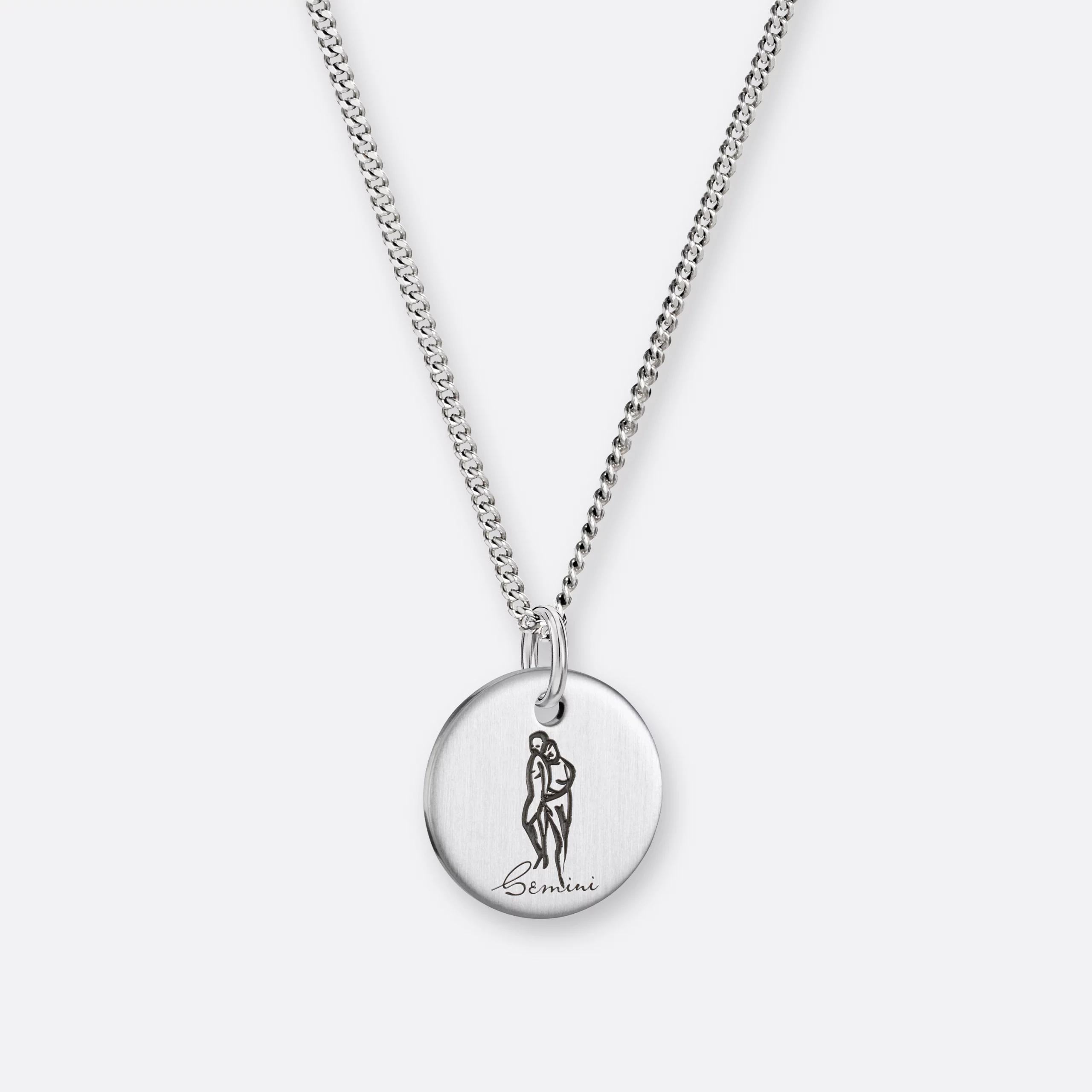 Zwillinge Kette, Anhänger graviert, 925er Silber 2 Zwillinge Sternzeichen-Kette mit Anhänger-Coin graviert, Silber, Vorne