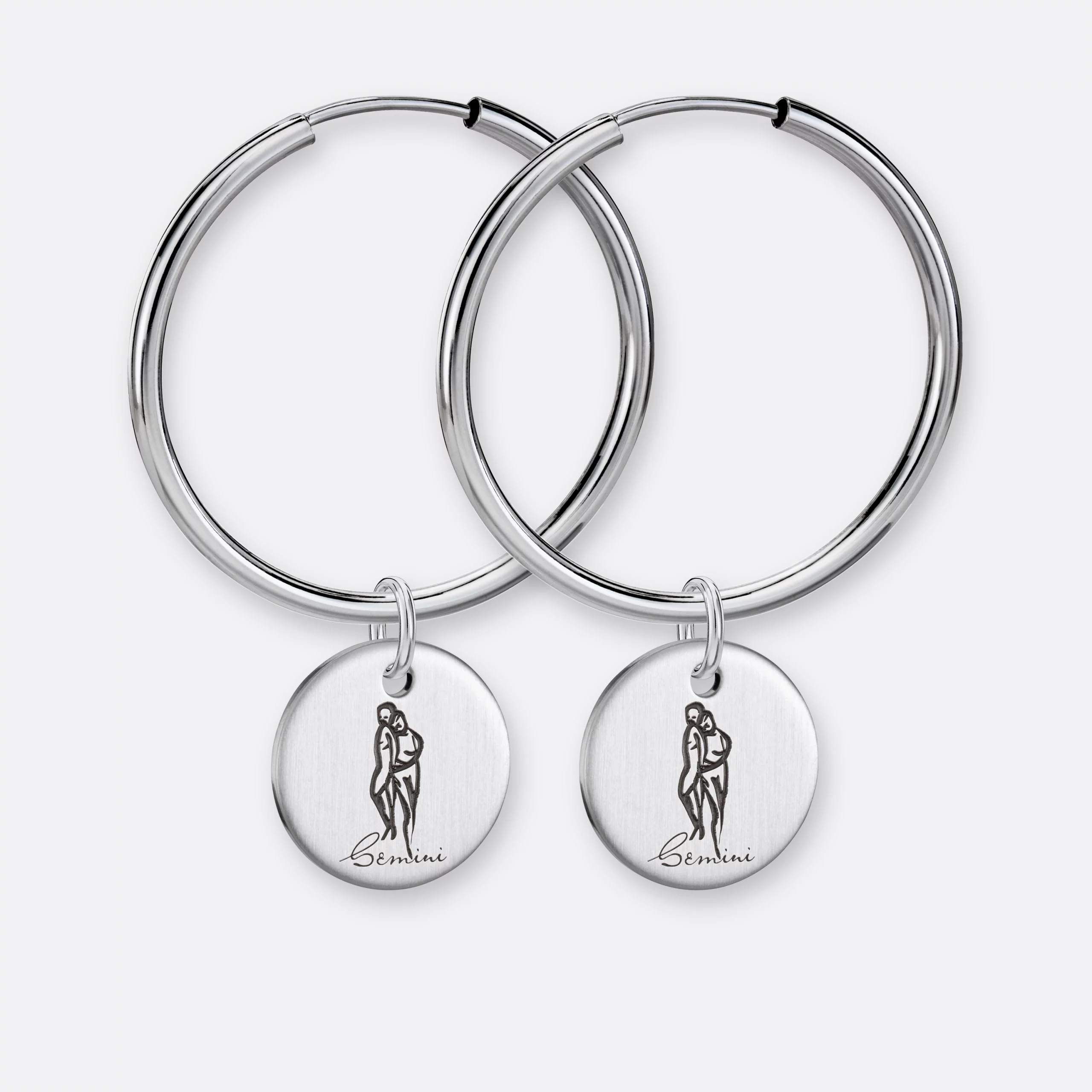 Zwillinge Ohrring, Anhänger graviert, 925er Silber 17 Zwillinge Ohrringe groß mit Anhänger-Coin graviert, Silber, Paar, Vorne